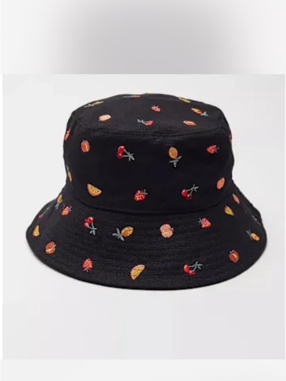 Black Bucket Hat with Colorful Fruit Embroidery